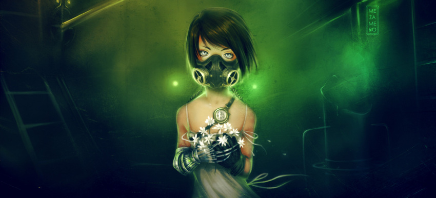 black_hair, canister, cyborg, dress, eyelashes, flower, gas, gas_mask