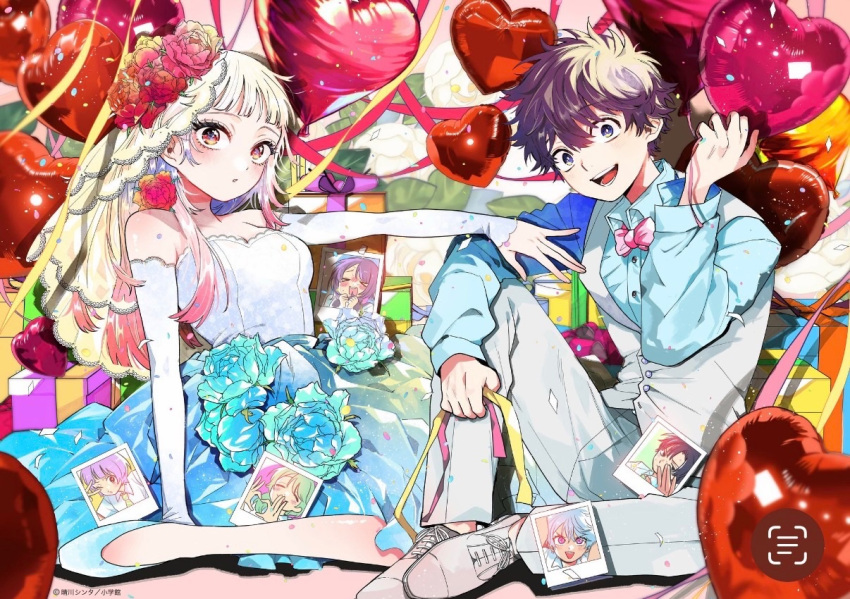 1boy, 1girl, balloon, blush, breasts, bridal_veil, bride, brown_eyes