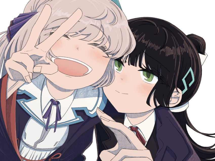 2girls, :d, ^_^, black_hair, black_robe, blunt_bangs, blush, brown_hair