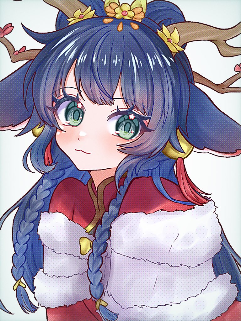 1girl, :3, animal_ears, antlers, black_hair, blush, braid, capelet, commentary, earrings, green_eyes, horns, horse_ears, horse_girl, jewelry, league_of_legends, lillia_(league_of_legends), long_hair, pi_2101, red_capelet, solo, twin_braids, upper_body