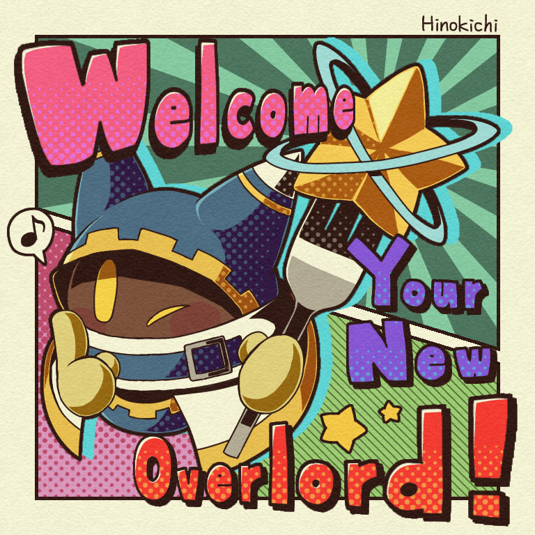 1boy, blue_hat, commentary_request, creature, english_text, fork, full_body, hat, holding, holding_fork, kirby_(series), magolor, male_focus, musical_note, no_humans, one_eye_closed, ro2noki, solo, spoken_musical_note, star_(symbol), yellow_eyes