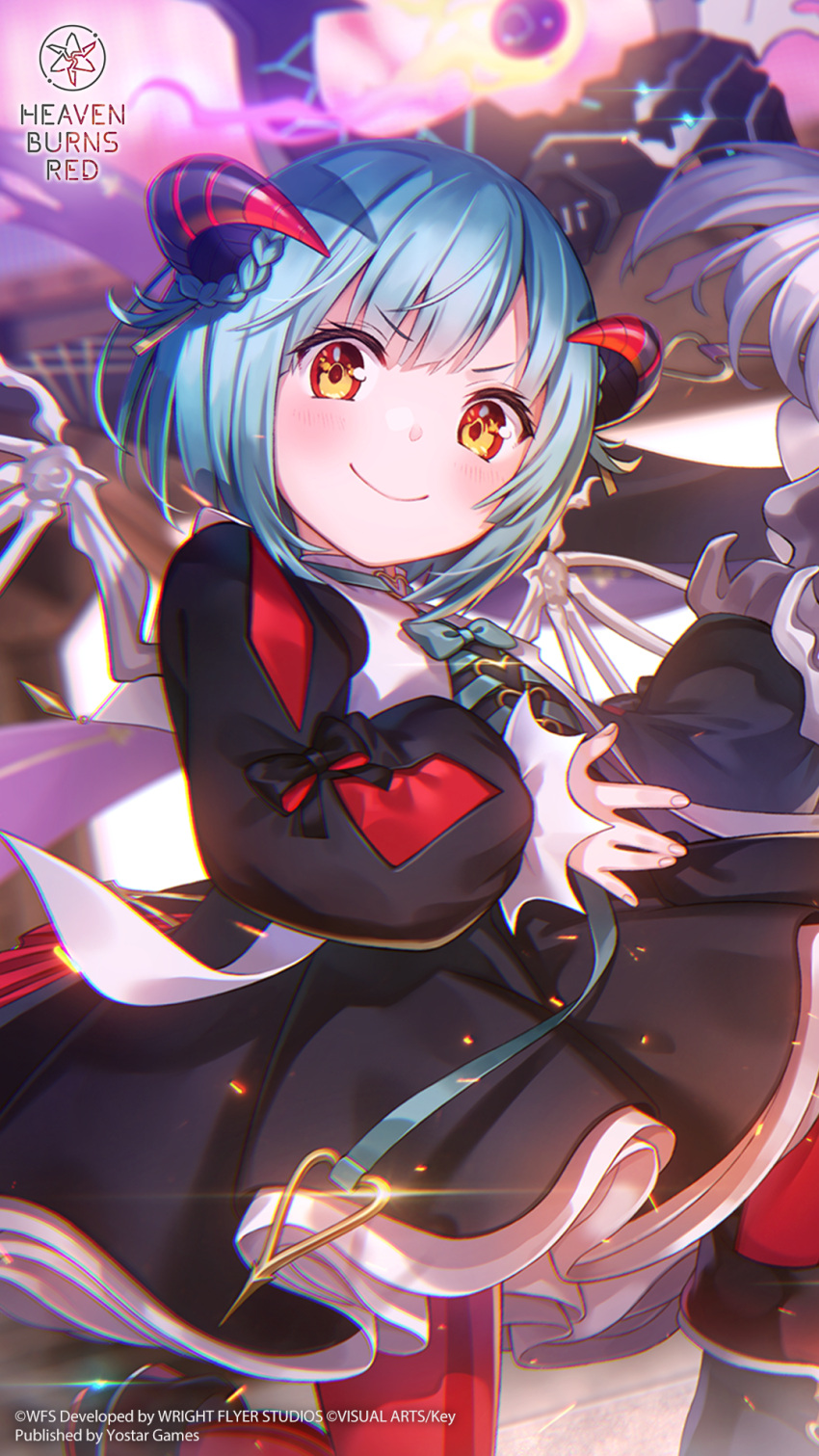 >:), 1girl, \||/, aqua_bow, aqua_bowtie, black_boots, black_bow, black_dress