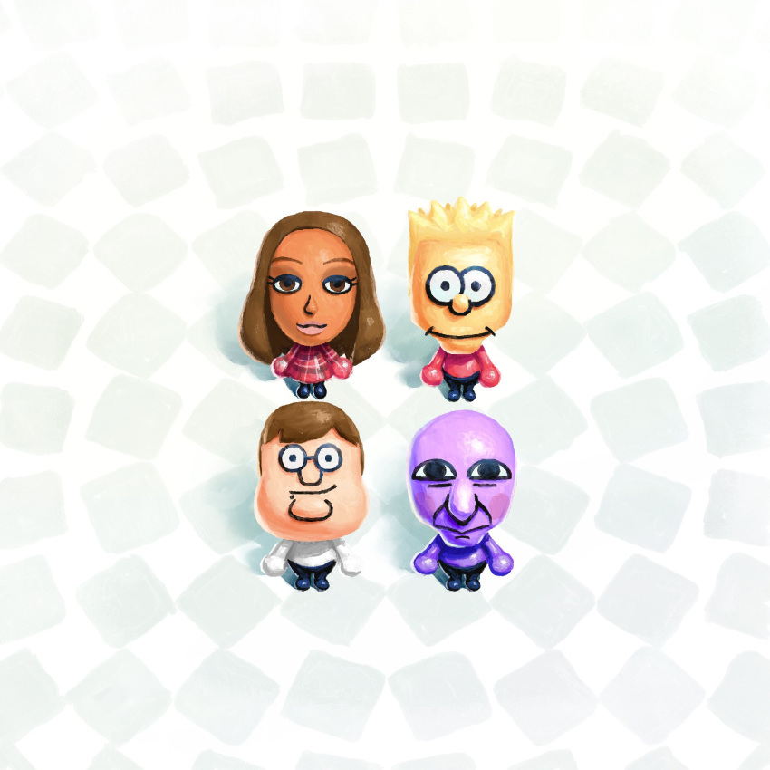 1girl, 3boys, ao_oni, bald, bart_simpson, black_eyes, black_pants, blue_pants, blush, brown_eyes, brown_hair, colored_skin, dark-skinned_female, dark_skin, family_guy, highres, jacket, long_hair, looking_at_viewer, mii_(nintendo), mii_plaza, multiple_boys, nintendo, pants, pink_lips, pinkpantheress, plaid_clothes, plaid_jacket, purple_skin, real_life, red_jacket, red_shirt, shirt, smile, smirk, startropica, the_oni_(ao_oni), the_simpsons, topless_male, white_shirt