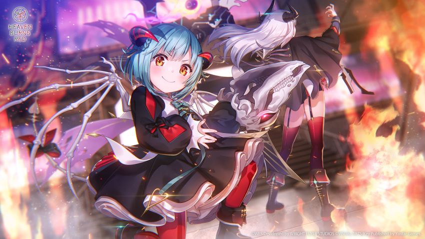 >:), 2girls, \||/, aqua_bow, aqua_bowtie, arm_up, black_boots, black_bow