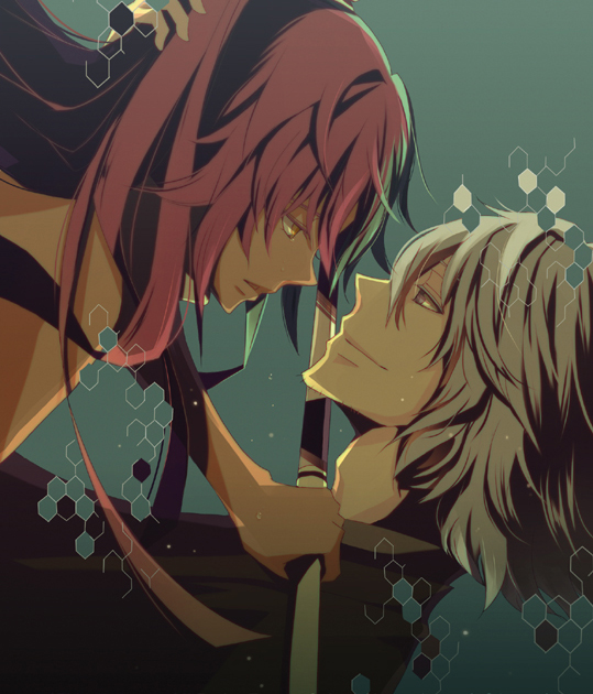 bleach, couple, dark_skin, duo, female, hand_on_head, long_hair, male
