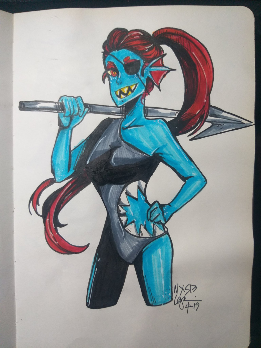 1girl, 2016, 2d, alternate_costume, anthro, black_eyepatch, black_swimsuit, blue_skin