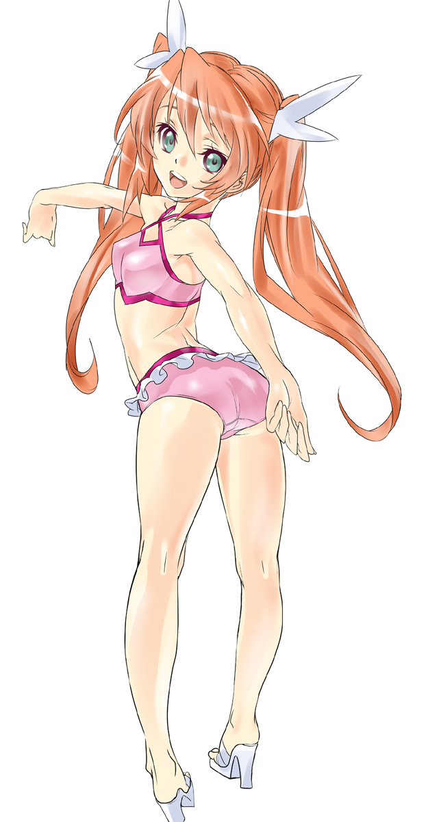 aqua_eyes, ass, bikini, blue_eyes, brown_hair, dodai_shouji, from_behind, head_wings, high_heels, highres, long_hair, looking_at_viewer, looking_back, mascot, mikan_(pc_angel_neo), open_shoes, open_toe_shoes, orange_hair, pc_angel, pc_angel_neo, pc_engine_neo, personification, pink_bikini, shiny, shiny_clothes, shiny_skin, shoes, sho~taro, smile, solo, swimsuit, twintails, white_background
