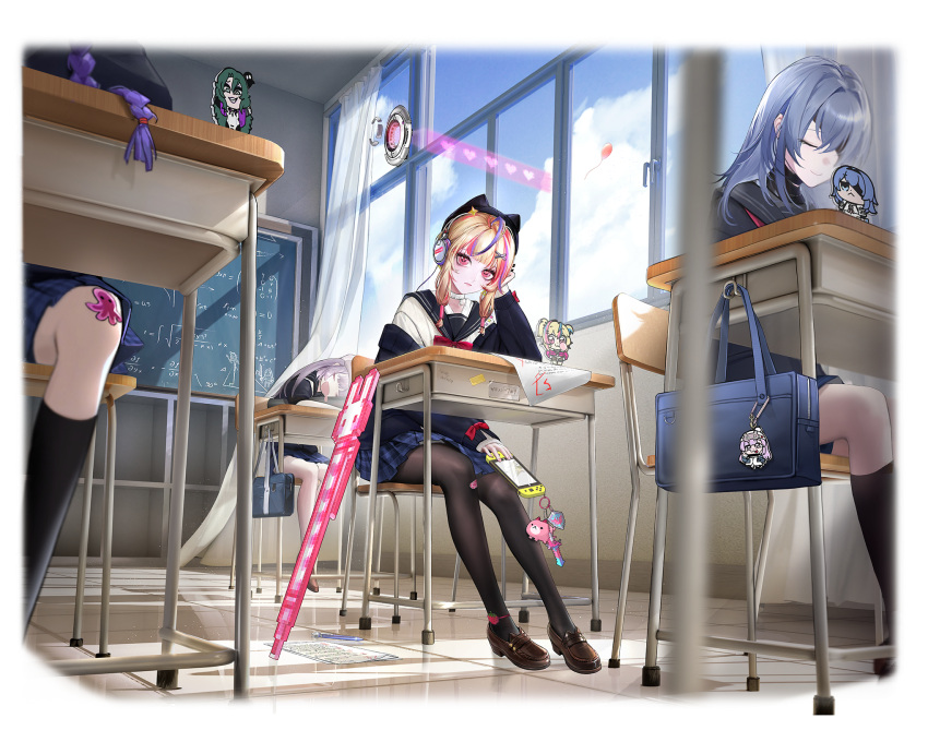 4girls, academic_test, animal_hat, artist_request, bag_charm, balloon, bandaid, black_pantyhose
