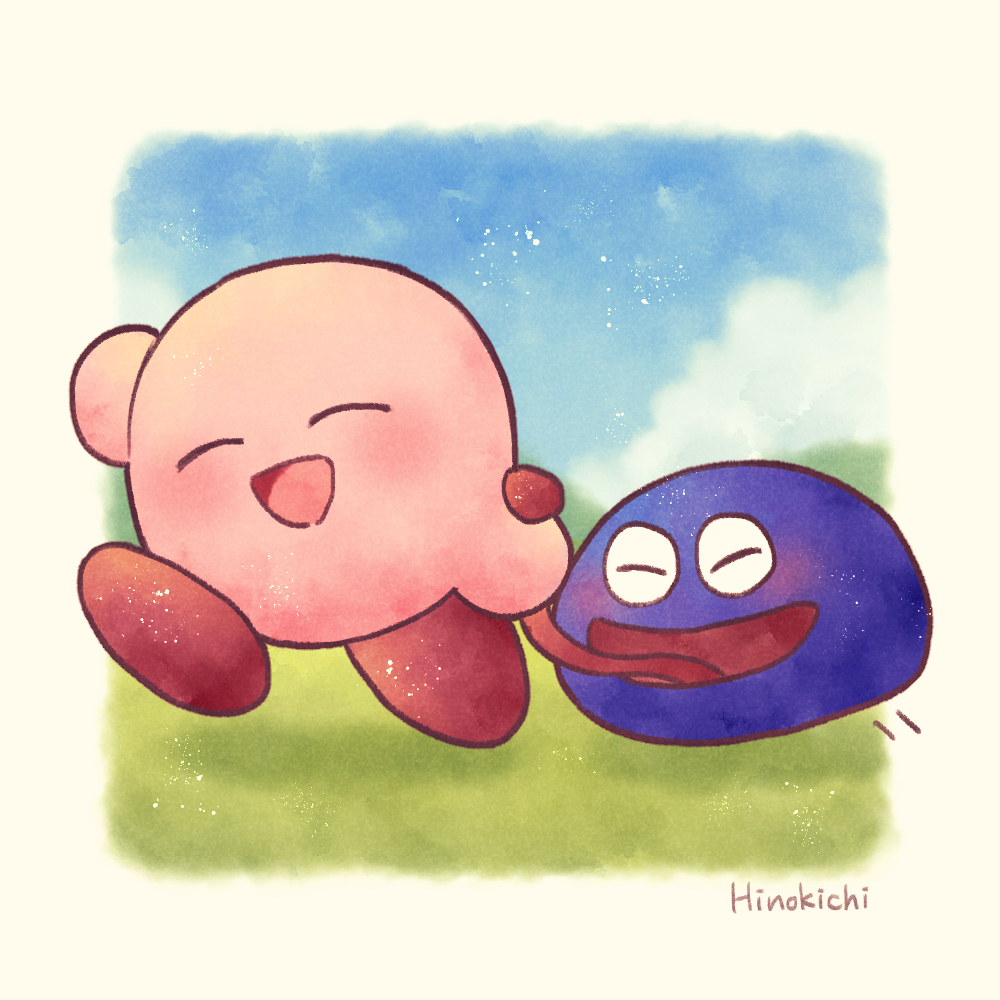 2boys, :d, blue_sky, border, closed_eyes, commentary_request, creature, gooey_(kirby)