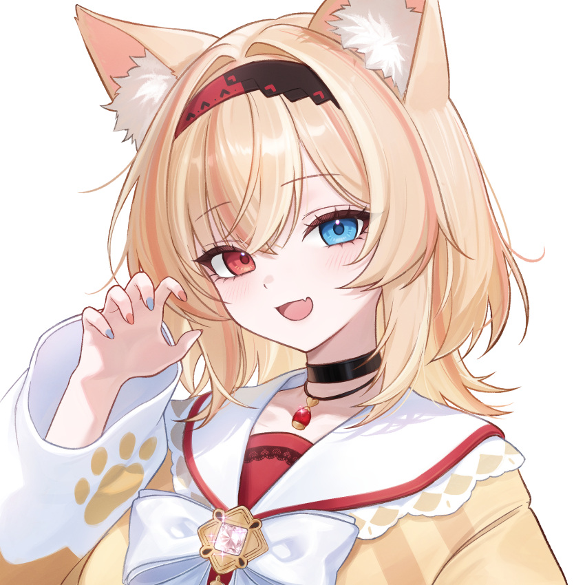 1girl, animal_ears, black_choker, black_survival, blue_eyes, cat_ears, choker, claw_pose