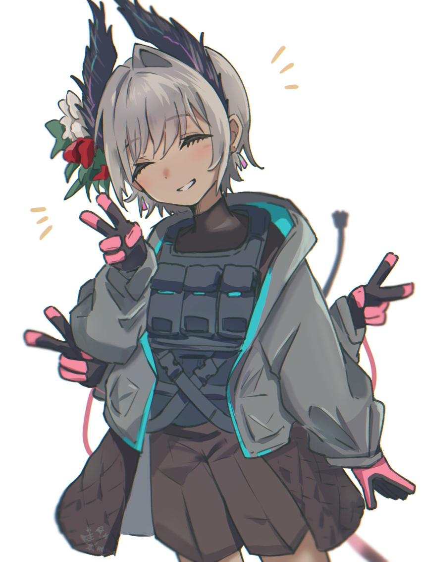 1girl, ^_^, absurdres, arknights, black_gloves, black_jacket, black_shirt, blush, brown_shorts, bulletproof_vest, chikuwaneko, closed_eyes, commentary, cowboy_shot, dark-skinned_female, dark_skin, earrings, extra_arms, facing_viewer, flower, gloves, grey_hair, grin, hair_flower, hair_ornament, highres, jacket, jewelry, long_sleeves, one-hour_drawing_challenge, open_clothes, open_jacket, pink_gloves, pouch, raidian_(arknights), red_flower, shirt, short_hair, shorts, simple_background, smile, solo, standing, triple_v, turtleneck, turtleneck_shirt, v, white_background
