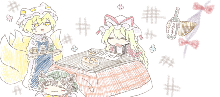 4girls, =_=, animal_ears, animal_print, blonde_hair, blue_tabard, bottle, bow
