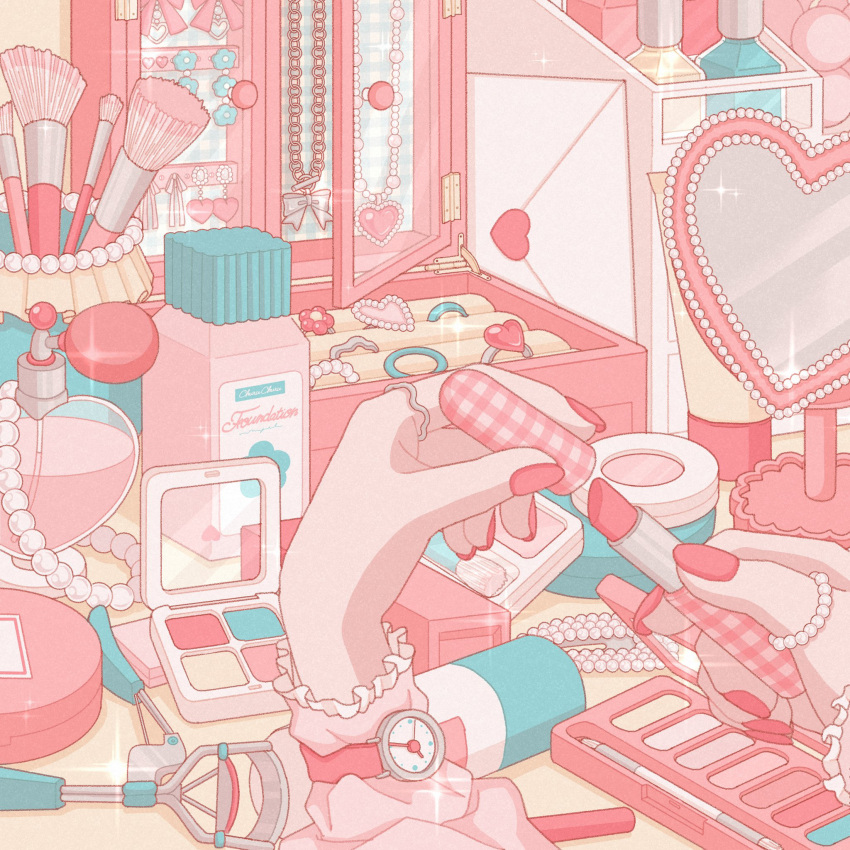 1girl, absurdly_detailed_composition, bottle, bow_necklace, chain, chain_necklace, commentary, cosmetics