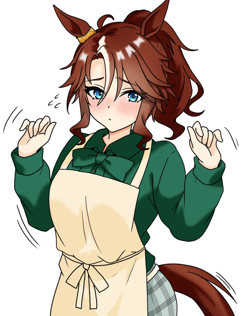 1girl, animal_ears, apron, blue_eyes, blush, bow, bowtie, brown_hair