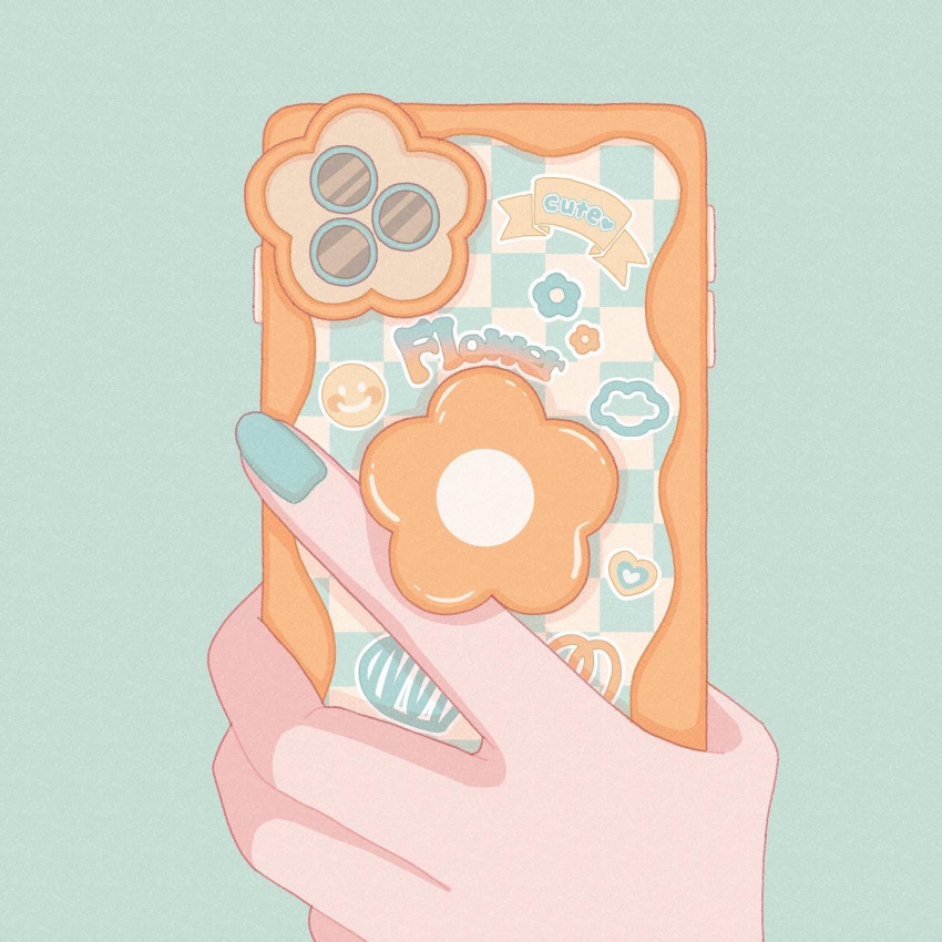 1girl, aqua_background, aqua_nails, cellphone, cloud_print, commentary, emoji_print, english_commentary