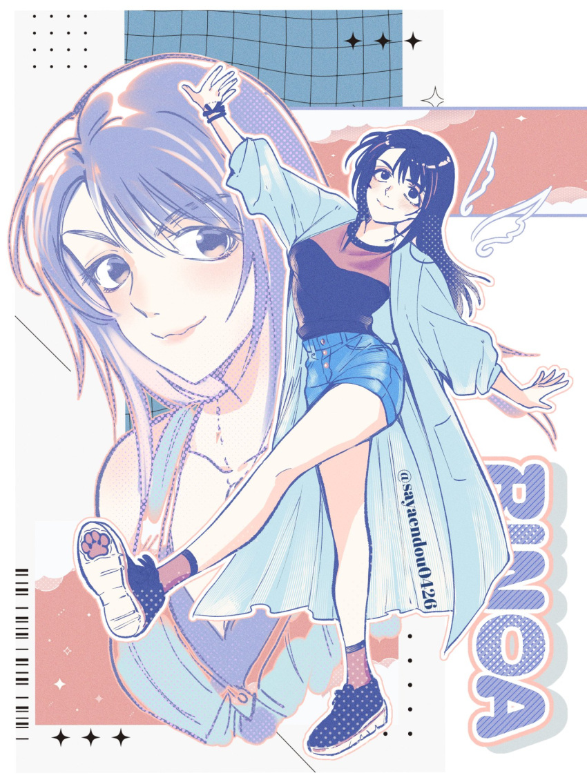 1girl, bare_shoulders, black_hair, black_shirt, black_shoes, blue_coat, blue_shorts, bracelet