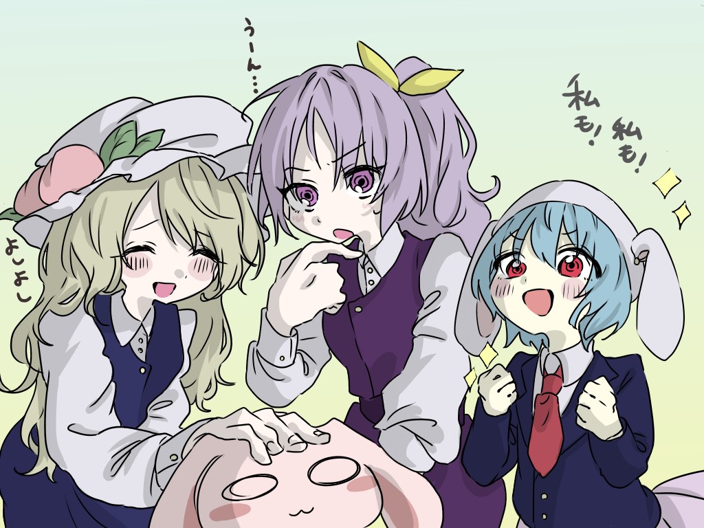 3girls, :3, animal, animal_ears, animalization, bad_anatomy, blonde_hair, blue_dress