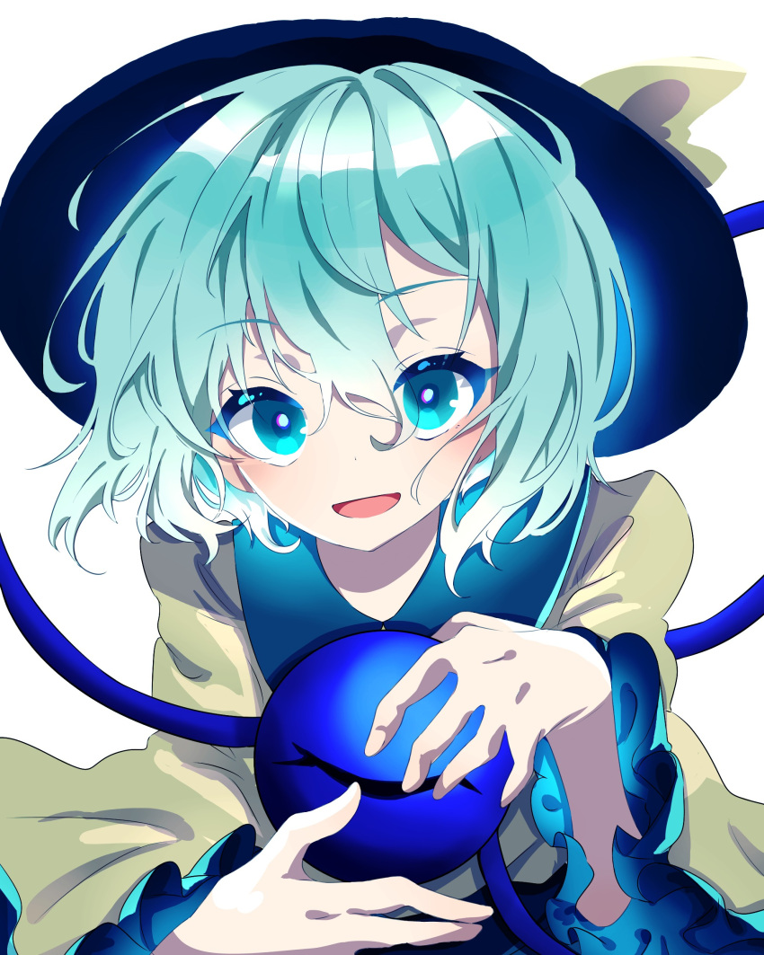 1girl, absurdres, aqua_eyes, aqua_hair, black_hat, blush, bow, collared_shirt