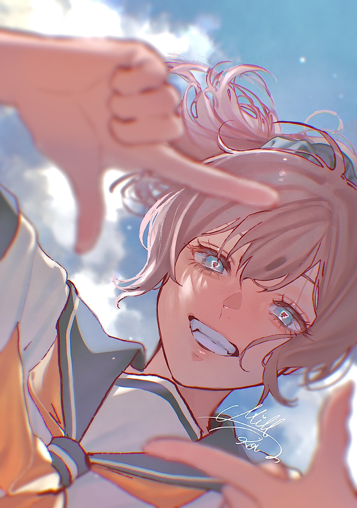1girl, aoba_(kancolle), blue_eyes, blue_sky, blurry, clouds, commentary_request, depth_of_field, finger_frame, from_below, grey_sailor_collar, grin, highres, kantai_collection, looking_at_viewer, millroi1000, neckerchief, ponytail, purple_hair, sailor_collar, sailor_shirt, school_uniform, serafuku, shirt, sky, smile, solo, white_shirt, yellow_neckerchief