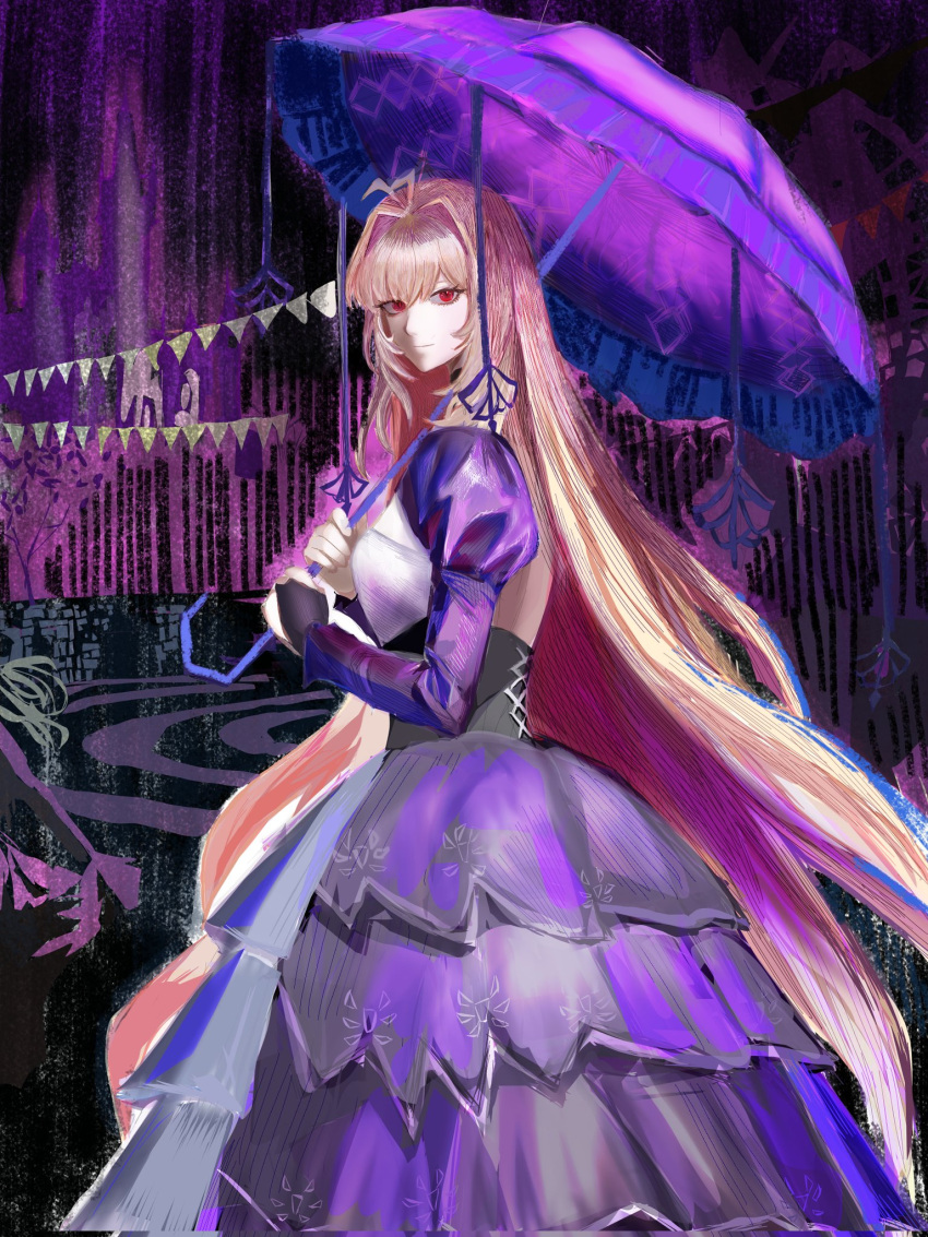 1girl, absurdly_long_hair, arc52088, black_corset, blonde_hair, bridal_gauntlets, closed_mouth, corset