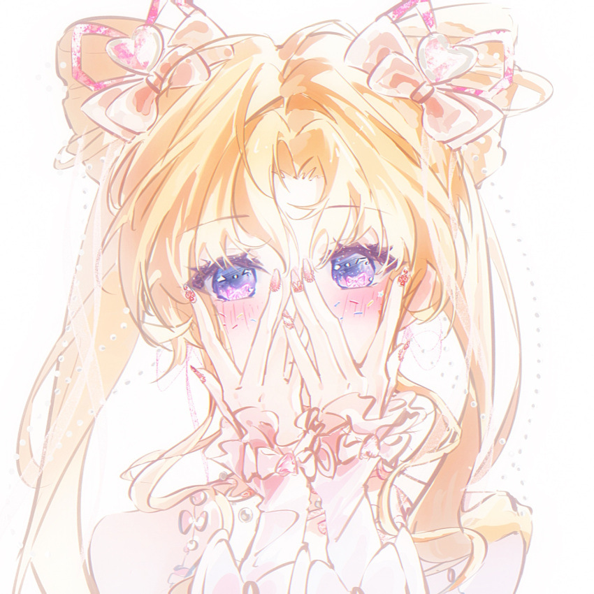 1girl, aliu6624, arm_bow, arm_warmers, bare_shoulders, bead_necklace, beads, blonde_hair