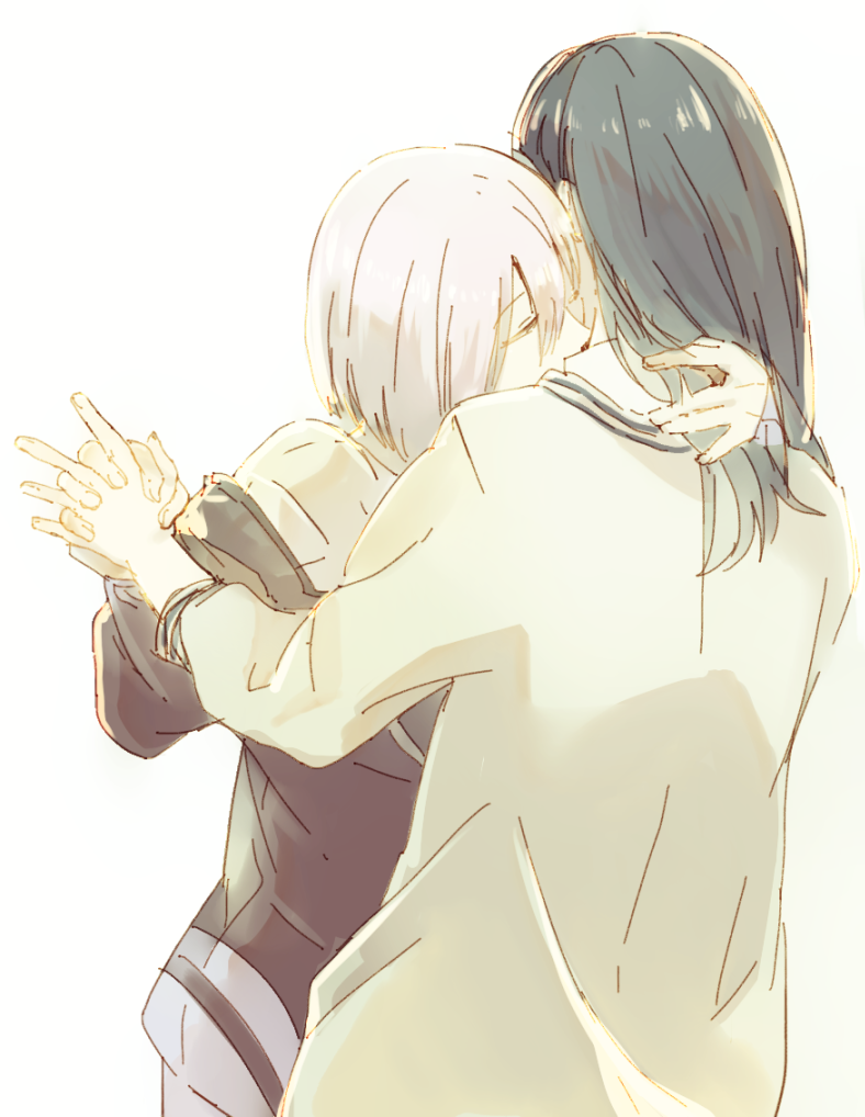 2girls, arm_behind_another's_back, black_hair, cardigan, closed_eyes, commentary, gridman_universe, holding_hands