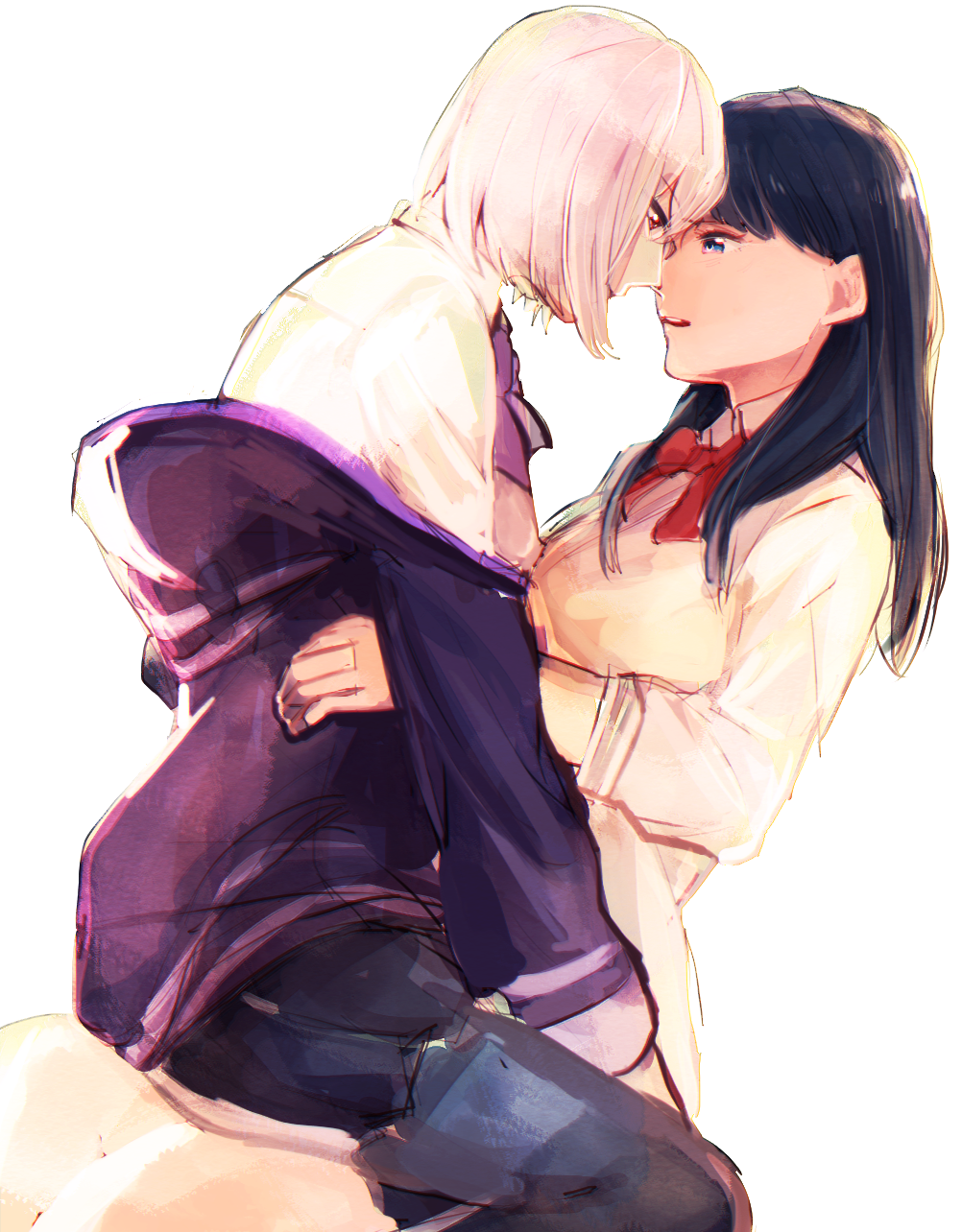 2girls, black_hair, black_skirt, blue_eyes, bow, bowtie, cardigan, collared_shirt