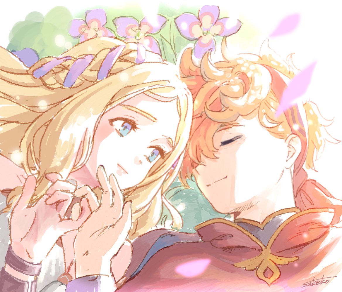 1boy, 1girl, artist_name, bare_shoulders, blonde_hair, blue_eyes, braid, capelet