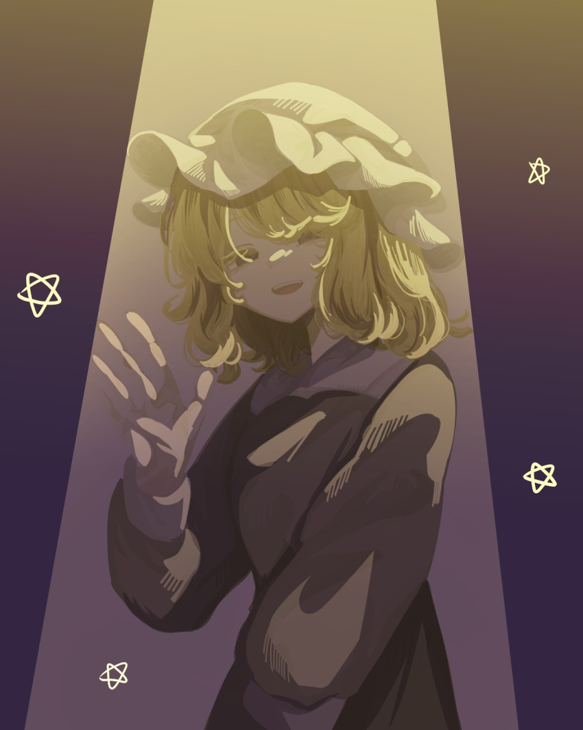 1girl, blonde_hair, collared_dress, commentary, dress, hat, highres, large_hands