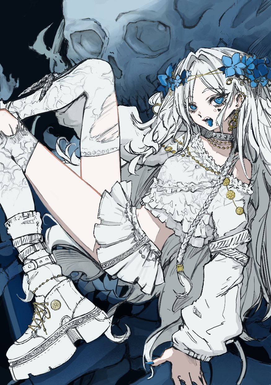 1girl, adapted_costume, blue_eyes, blue_nails, blue_tongue, choker, claw_ring, colored_tongue
