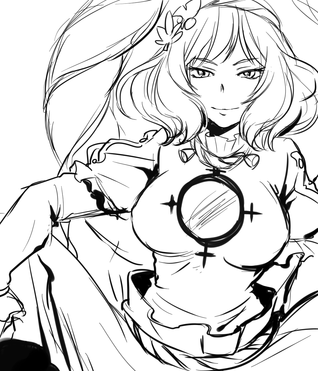breasts, eyelashes, hair_ornament, highres, large_breasts, mirror, monochrome, navel