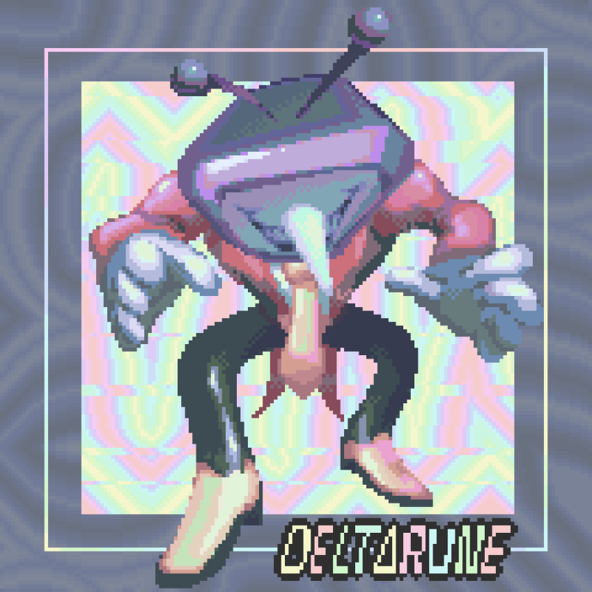 1boy, ant_tenna, antennae, bent_over, black_pants, border, commentary, copyright_name