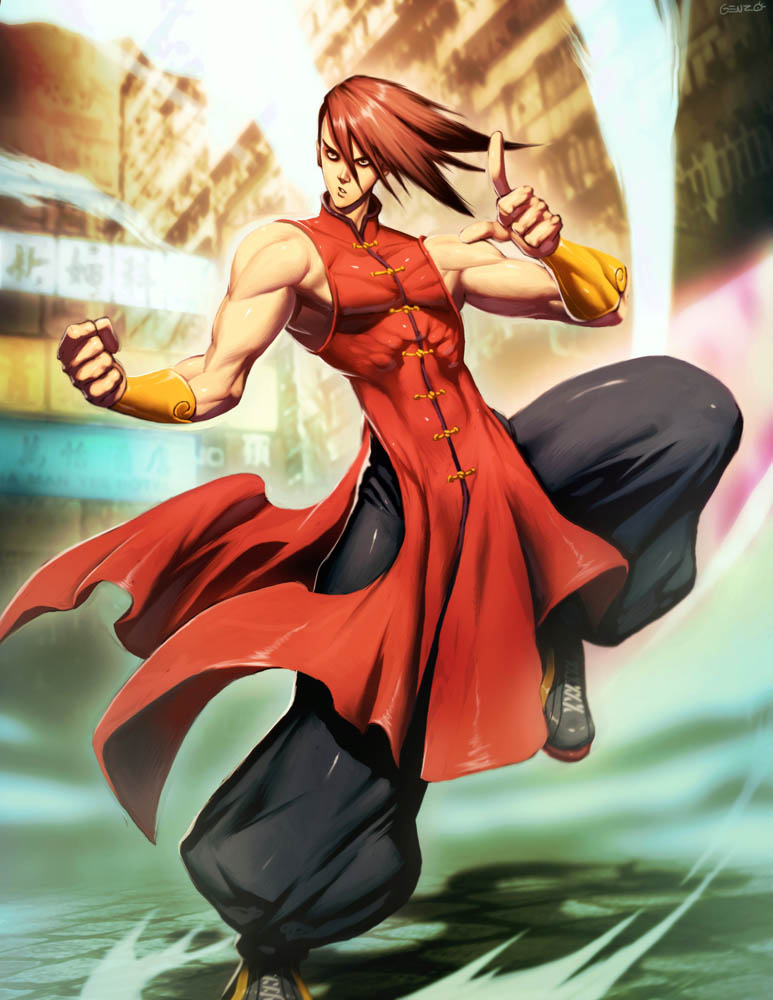 baggy_pants, bridal_gauntlets, brown_hair, capcom, chinese_clothes, genzoman, muscle, solo, street_fighter, street_fighter_iii, street_fighter_iv_(arcade_edition), vambraces, yang_lee