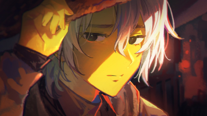 1boy, adjusting_clothes, adjusting_headwear, animification, black_eyes, close-up, closed_mouth, colored_skin