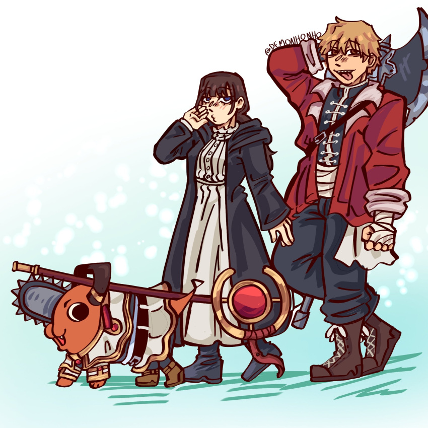 1boy, 1girl, axe, black_eyes, black_shoes, blonde_hair, blue_eyes, brown_hair, brown_shoes, chainsaw, chainsaw_man, coat, colored_skin, commentary, demonhonho, denji_(chainsaw_man), dog, dress, earrings, english_commentary, fern_(adventure_time), fern_(sousou_no_frieren), frieren, hand_on_own_face, highres, jewelry, long_hair, mage_staff, mitaka_asa, open_mouth, orange_skin, pants, pochita_(chainsaw_man), red_coat, sharp_teeth, shoes, short_hair, sousou_no_frieren, staff, teeth, tongue, tongue_out, weapon, white_dress, yellow_eyes