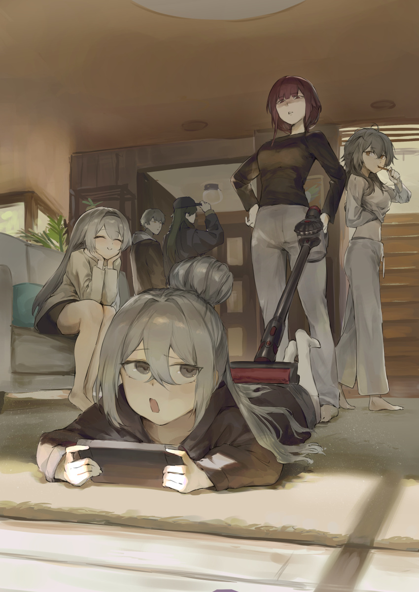 2boys, 4girls, absurdres, adjusting_clothes, adjusting_headwear, alternate_hairstyle, barefoot, baseball_cap, black_hair, black_hairband, black_hat, black_hoodie, black_jacket, black_shirt, black_shorts, blade_(honkai:_star_rail), breasts, brushing_teeth, caelus_(honkai:_star_rail), casual, cleaning, closed_eyes, closed_mouth, commentary_request, couch, dual_persona, feet_up, firefly_(honkai:_star_rail), full_body, grey_hair, grey_pants, grey_shirt, hair_between_eyes, hairband, hand_under_clothes, hand_under_shirt, hand_up, handheld_game_console, hands_on_own_cheeks, hands_on_own_face, hat, highres, holding, holding_handheld_game_console, holding_toothbrush, holding_vacuum_cleaner, honkai:_star_rail, honkai_(series), hood, hoodie, indoors, jacket, kafka_(honkai:_star_rail), long_hair, long_sleeves, looking_at_another, lying, medium_breasts, messy_hair, multiple_boys, multiple_girls, on_couch, on_floor, on_rug, on_stomach, pants, parted_lips, playing_games, playing_video_games, purple_hair, robizou_(robizou285), rug, shirt, short_hair, shorts, silver_wolf_(honkai:_star_rail), smile, socks, standing, stellaron_hunters_(honkai:_star_rail), stelle_(honkai:_star_rail), toothbrush, trailblazer_(honkai:_star_rail), vacuum_cleaner, violet_eyes, white_socks, window_shadow, yellow_eyes