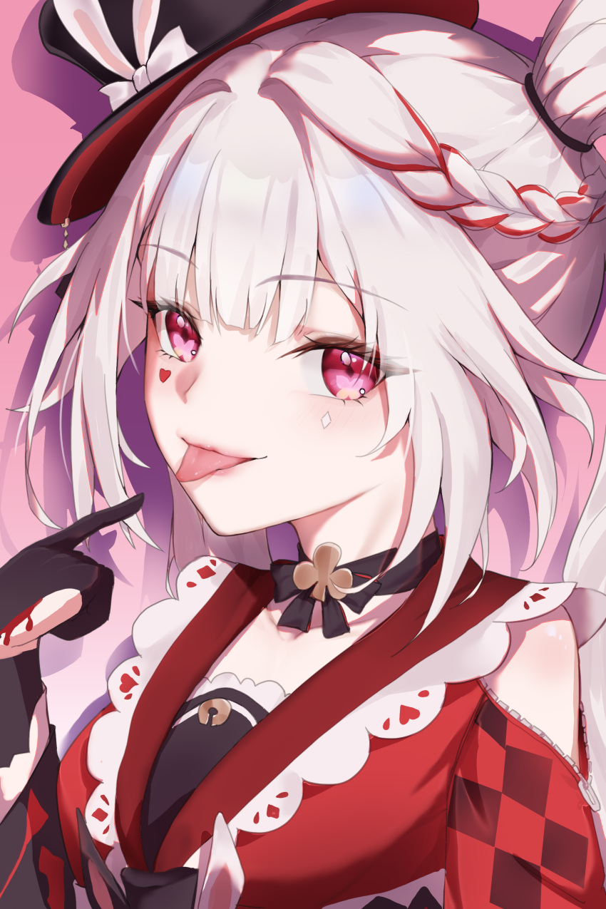 1girl, absurdres, breasts, capelet, commentary_request, flag888, hat, highres, honkai:_star_rail, honkai_(series), long_hair, looking_at_viewer, medium_breasts, mini_hat, mini_top_hat, pink_background, red_capelet, solo, sparkle_(honkai:_star_rail), sparxie_(honkai:_star_rail), tongue, tongue_out, top_hat, upper_body, very_long_hair, violet_eyes, white_hair