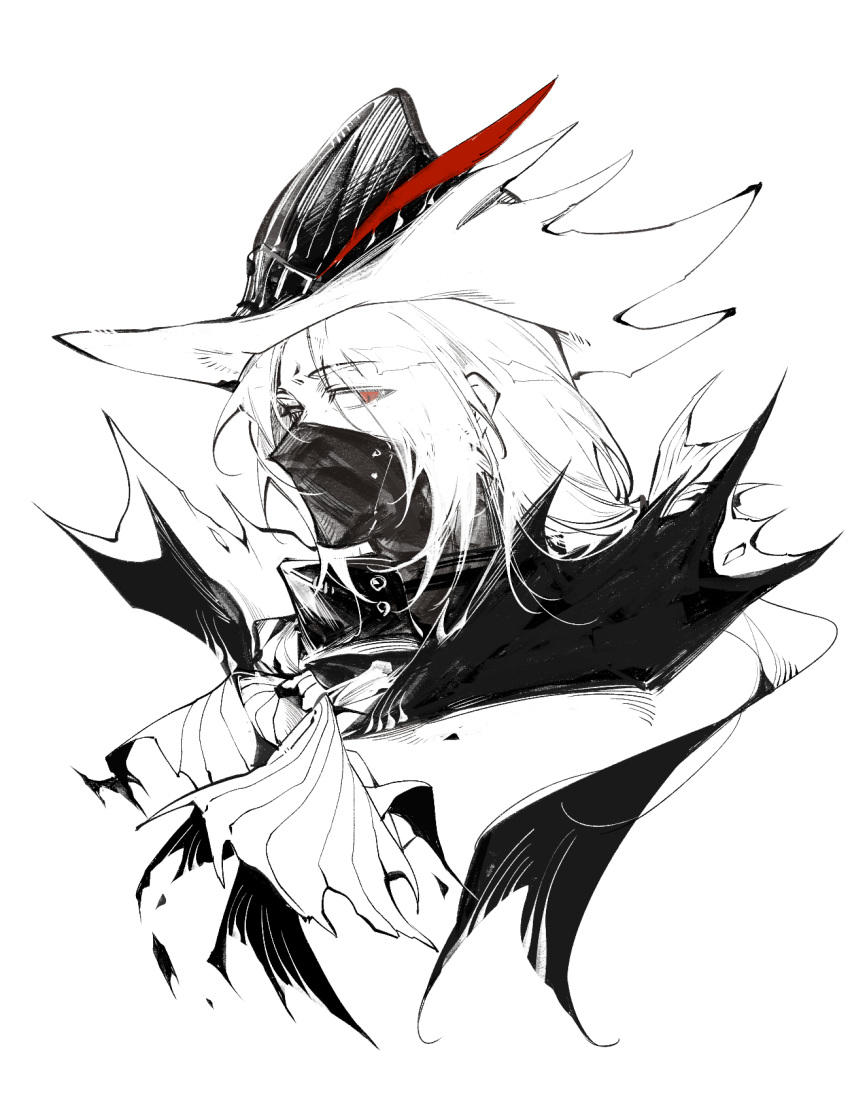 1boy, arknights, ascot, chinese_commentary, commentary_request, covered_mouth, cropped_shoulders, eyes_visible_through_hair