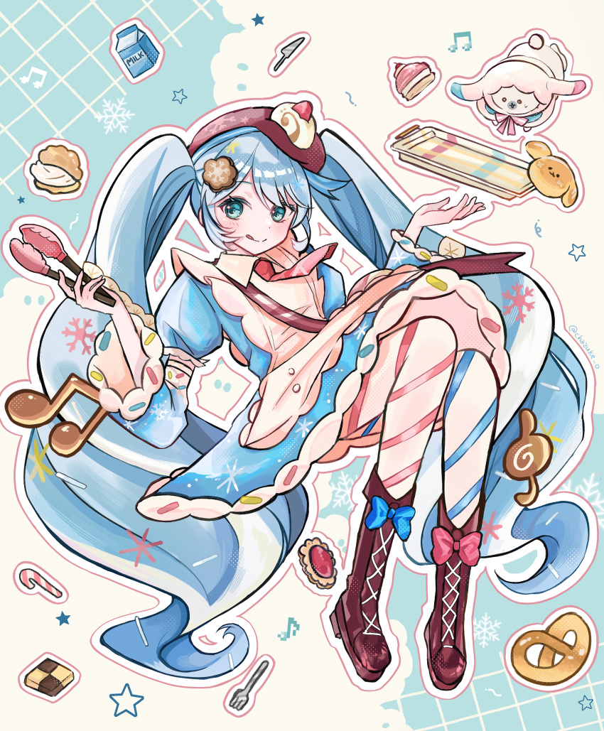 1girl, absurdres, ahoge, animal, apron, aqua_eyes, aqua_hair, arm_up
