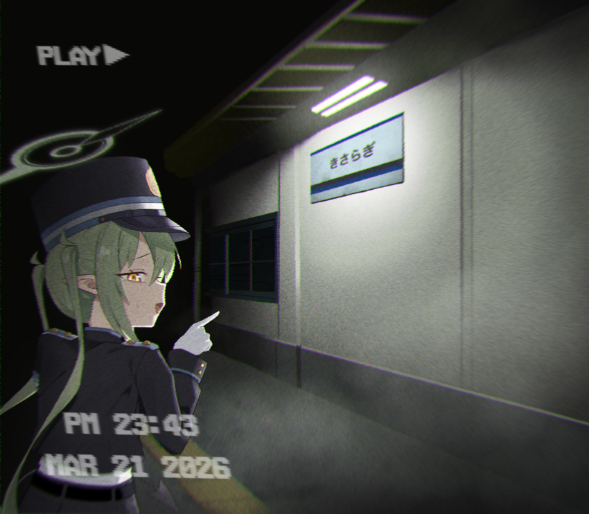 1girl, blue_archive, commentary_request, gloves, green_hair, green_halo, halo, highres