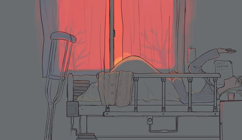 1boy, 4yr3ht4, arm_up, bed, blanket, book, book_stack, cardigan, closed_mouth, commentary, crutch, cup, curtains, ensemble_stars!, frown, green_hair, hair_between_eyes, highres, hospital, hospital_bed, hospital_gown, indoors, kazehaya_tatsumi, long_sleeves, looking_at_hand, lying, male_focus, medium_hair, mole, mole_under_eye, on_back, on_bed, solo, spot_color, striped_clothes, sunset, unworn_cardigan, window