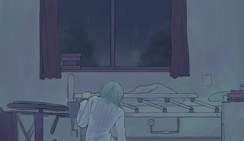 1boy, 4yr3ht4, bed, commentary, ensemble_stars!, from_behind, getting_up, green_hair, highres, hospital, hospital_band, hospital_bed, hospital_gown, kazehaya_tatsumi, long_sleeves, male_focus, medium_hair, night, rain, solo, striped_clothes, wheelchair, window