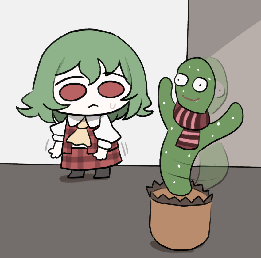 <o>_<o>, 1girl, :<, afterimage, ascot, black_shoes, brown_scarf, cactus