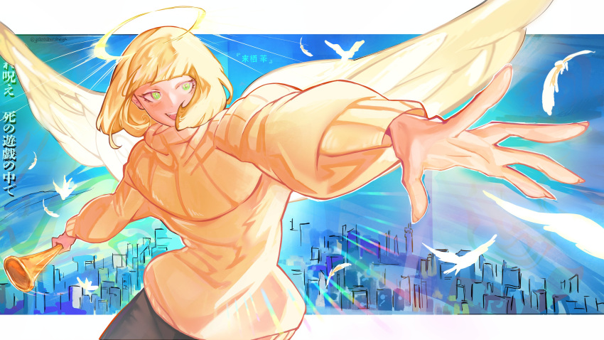 1girl, absurdres, angel, angel_wings, bird, blonde_hair, blue_background, commentary, english_commentary, feathered_wings, feathers, glazedhersheys, green_eyes, halo, highres, jujutsu_kaisen, kurusu_hana, sweater, white_sweater, wings