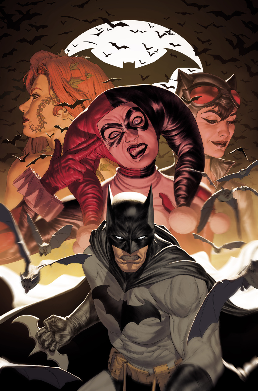 1boy, 3girls, absurdres, bat_(animal), bat_mask, bat_signal, batarang, batman