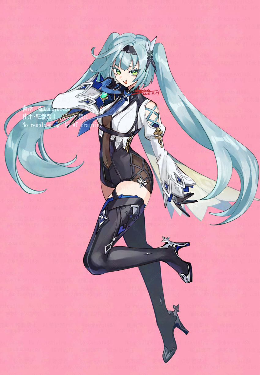1girl, akaneya_(akaneya1484), aqua_hair, black_boots, black_gloves, black_hairband, blue_gloves, boots