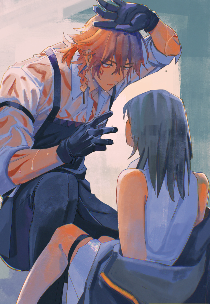 1boy, 1girl, black_gloves, body_markings, braid, commission, commissioner_upload, garter_straps