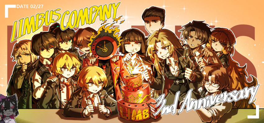 6+boys, 6+girls, anniversary, black_coat, black_hair, black_jumpsuit, blonde_hair, blue_eyes