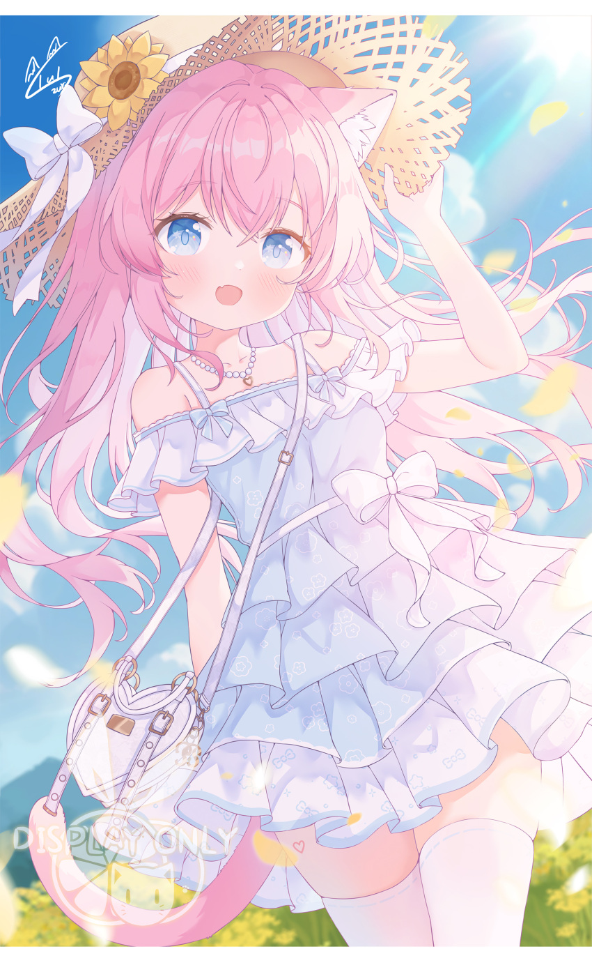 1girl, absurdres, animal_ears, bag, blue_eyes, bow, cat_ears, cat_girl
