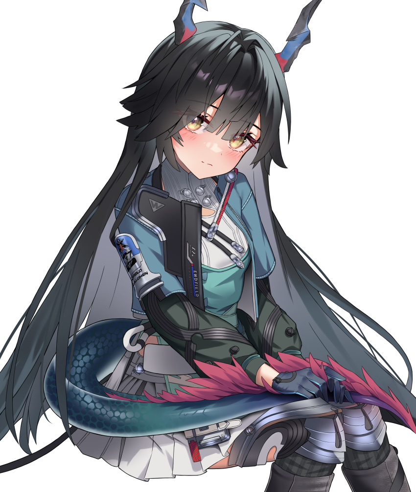 1girl, above-cleavage_cutout, absurdres, aqua_shirt, arknights, arknights:_endfield, black_hair, blue_jacket